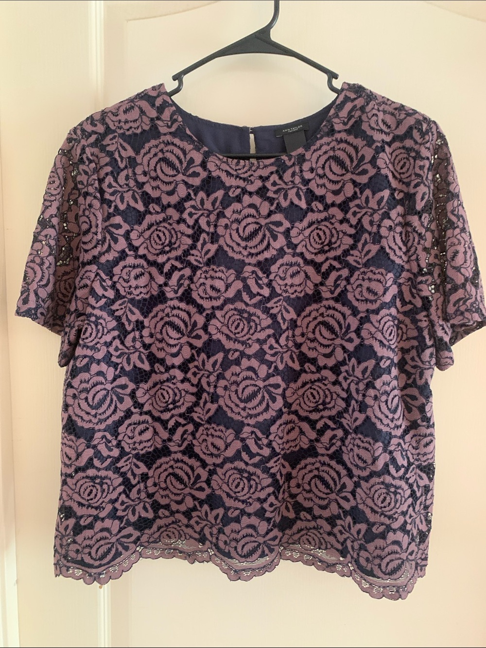 Ann Taylor Purple Lace Overlay Short Sleeve Blouse